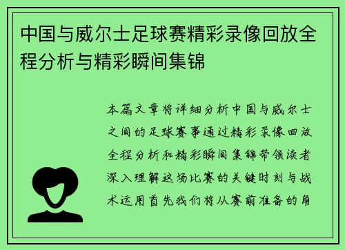 中国与威尔士足球赛精彩录像回放全程分析与精彩瞬间集锦
