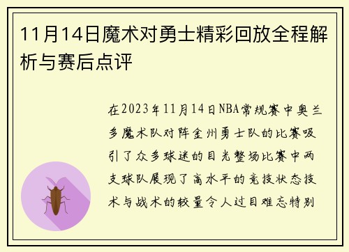 11月14日魔术对勇士精彩回放全程解析与赛后点评