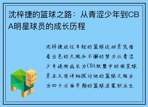 沈梓捷的篮球之路：从青涩少年到CBA明星球员的成长历程