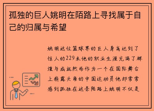 孤独的巨人姚明在陌路上寻找属于自己的归属与希望