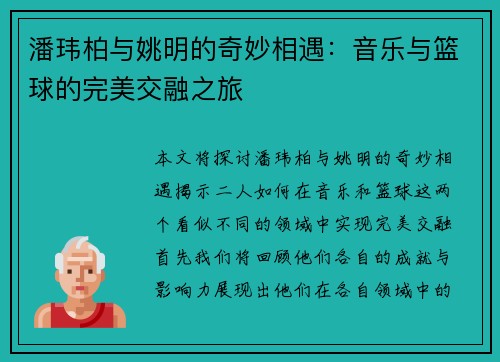 潘玮柏与姚明的奇妙相遇：音乐与篮球的完美交融之旅