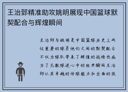 王治郅精准助攻姚明展现中国篮球默契配合与辉煌瞬间