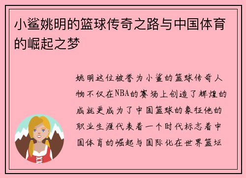 小鲨姚明的篮球传奇之路与中国体育的崛起之梦