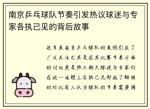 南京乒乓球队节奏引发热议球迷与专家各执己见的背后故事
