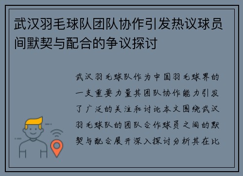 武汉羽毛球队团队协作引发热议球员间默契与配合的争议探讨