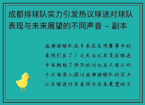 成都排球队实力引发热议球迷对球队表现与未来展望的不同声音 - 副本