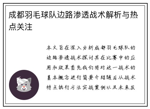 成都羽毛球队边路渗透战术解析与热点关注
