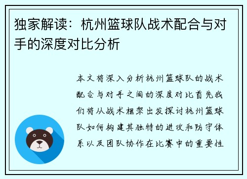 独家解读：杭州篮球队战术配合与对手的深度对比分析